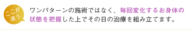 ワンパターンの施術ではなく、毎回変化するお体の状態を把握した上でその日の治療を組み立てます。