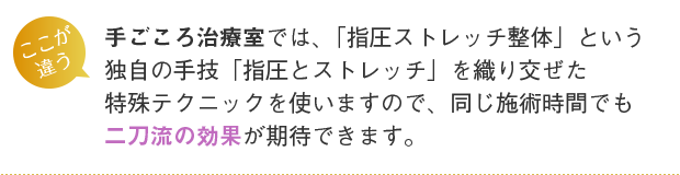 手ごころ治療室では、「指圧ストレッチ整体」という独自の手技「指圧とストレッチ」を織り交ぜた特殊テクニックを使いますので、同じ施術時間でも二刀流の効果が期待できます。